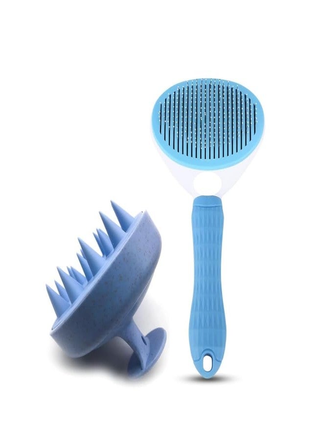 KittuPet فرشاة كيتو بيت 2 في 1 ذاتية التنظيف للتنظيف والتدليك للكلاب والقطط | تنظيف بضغطة زر، أسنان قابلة للسحب وشعيرات سيليكون ناعمة (فرشاة زرقاء + فرشاة تدليك) - Image 1